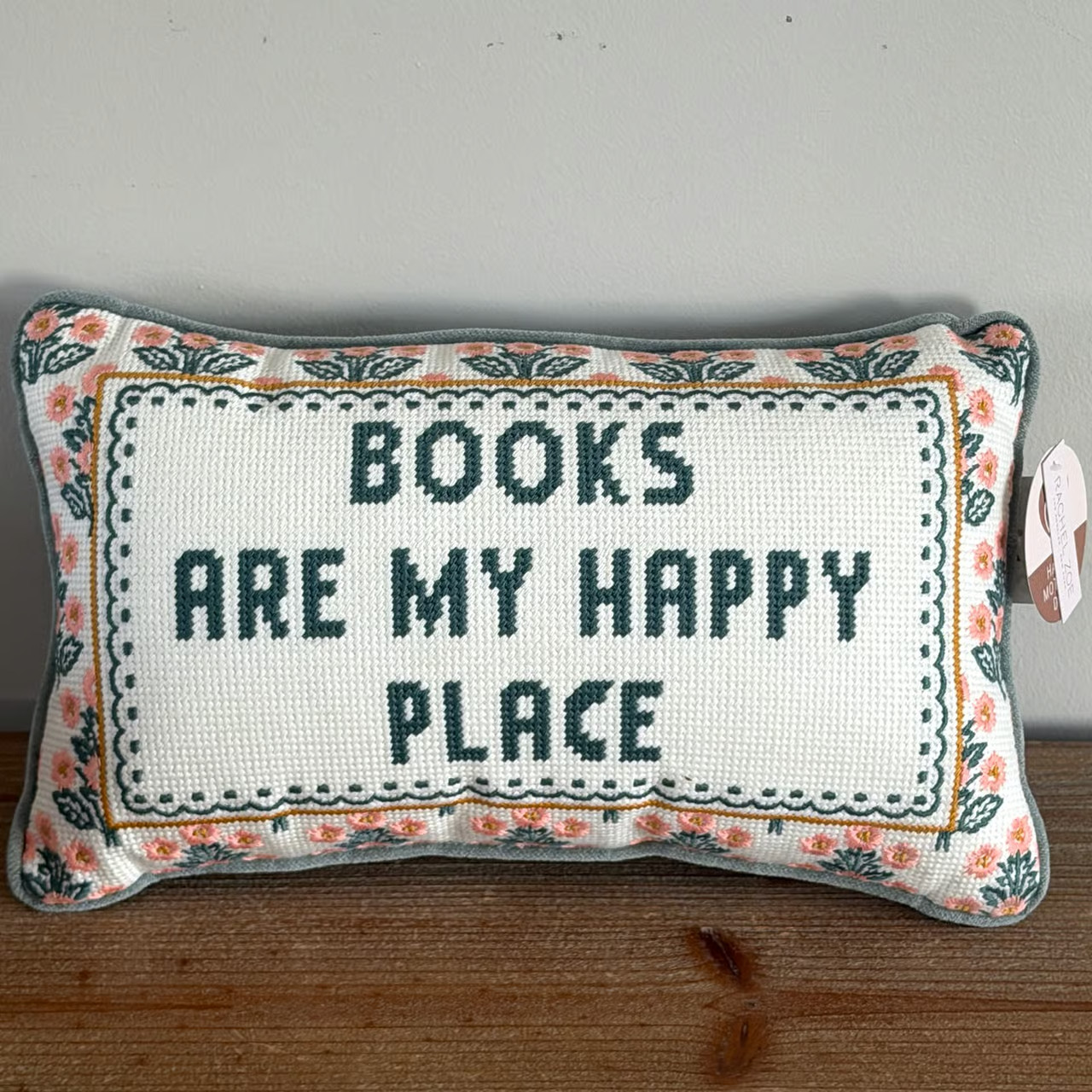 BOOKS ARE MY HAPPY PLACE Floral Needlepoint Pillow from Rachel Zoe NWT