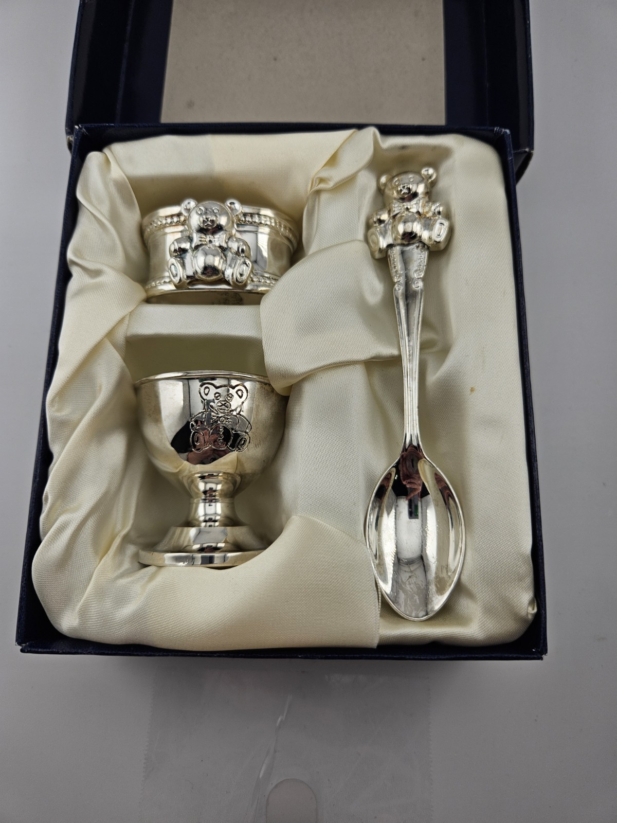 Vintage Silverplate Teddy Bear Baby Spoon Egg Cup Napkin Ring Set w Box