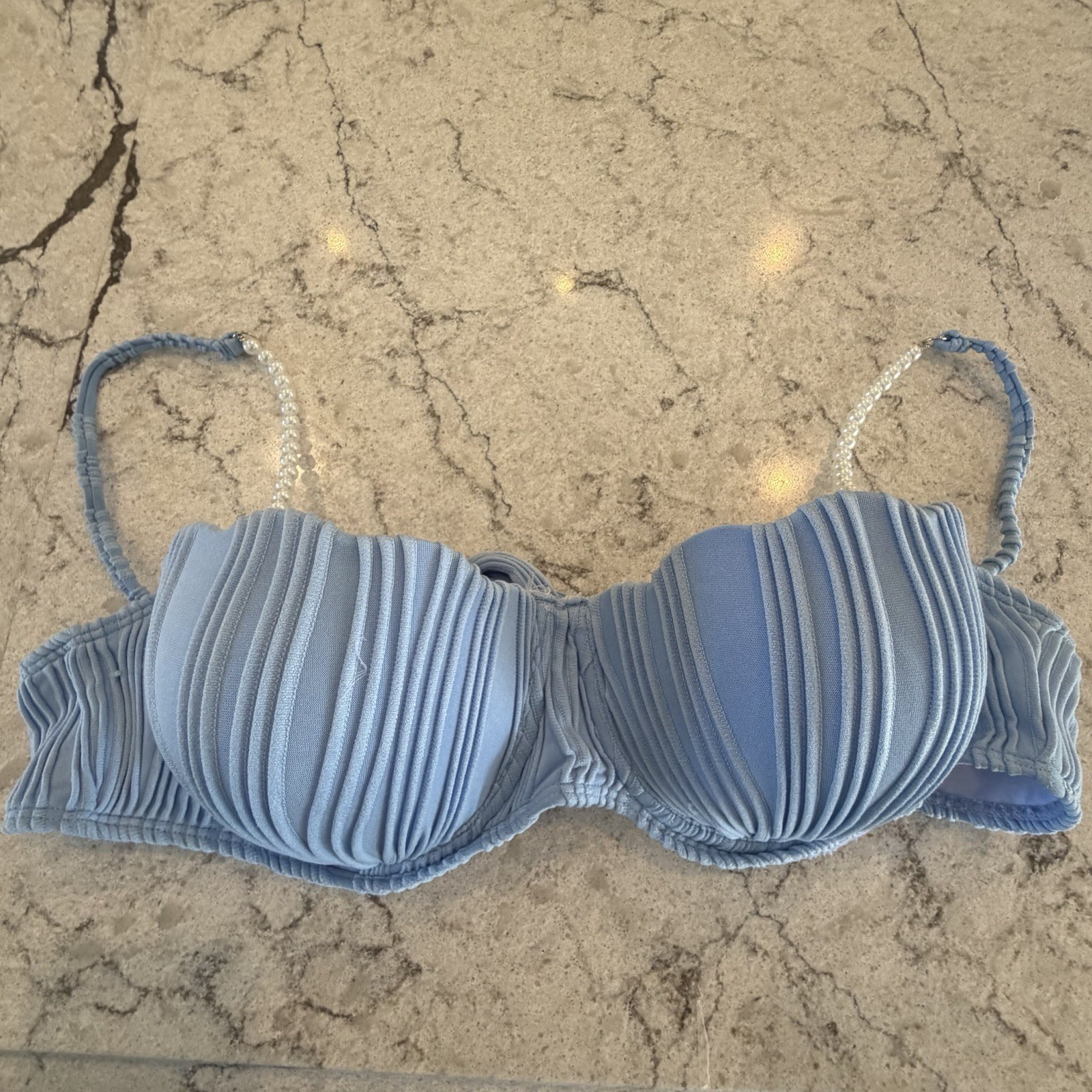 Light Blue Pleated Balconette clam shell padded bikini top only pearls L