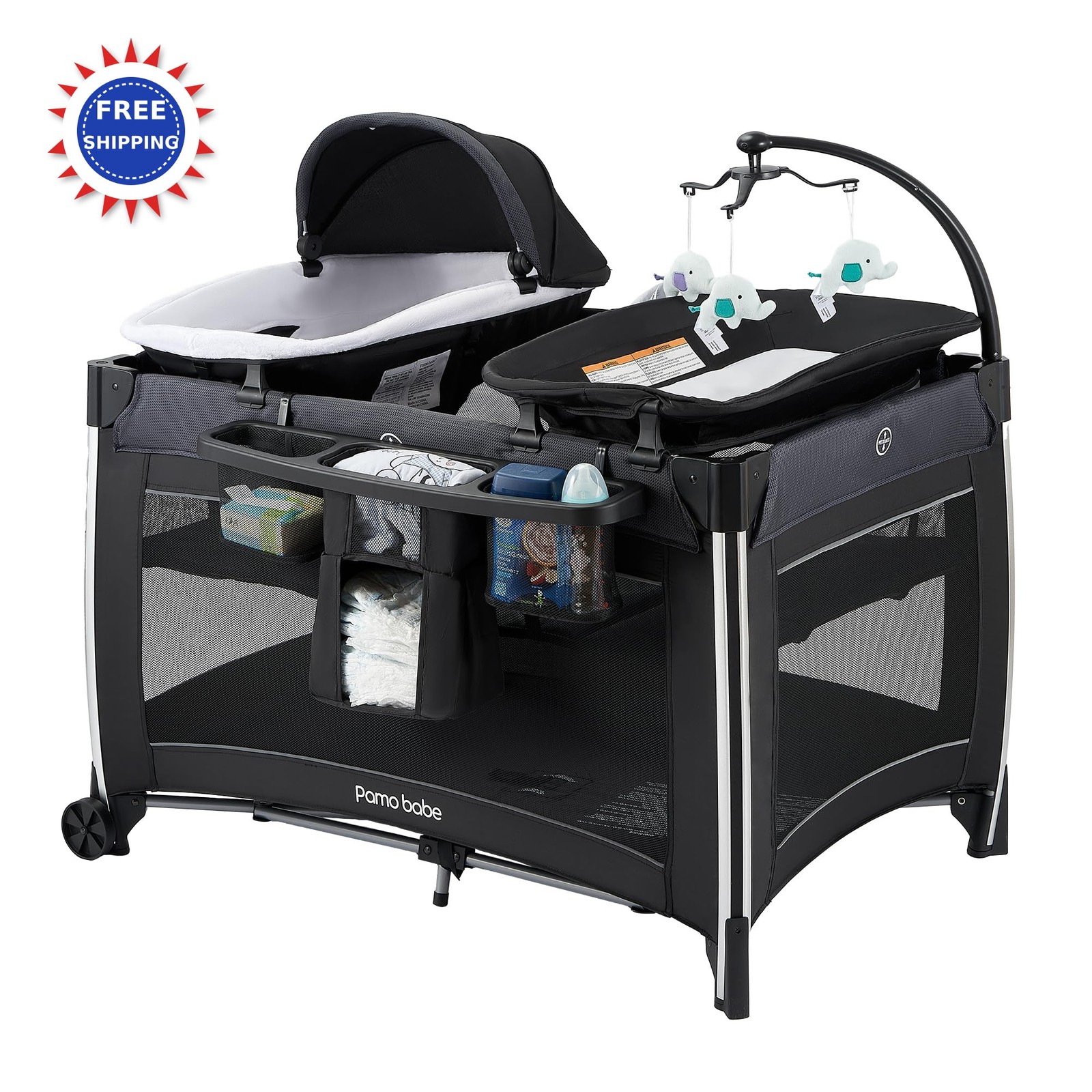 Baby Playard with Bassinet & Changing Table Portable Crib Breathable Mesh Pamo