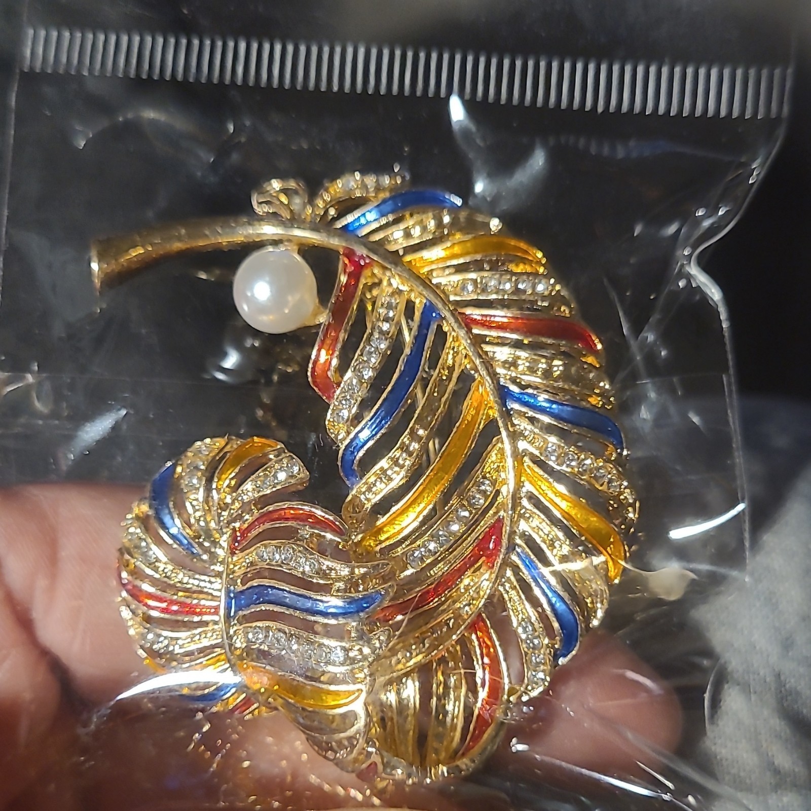 Gold Leaf Brooch with Enamel, Rhinestone Accents, and Faux Pearl