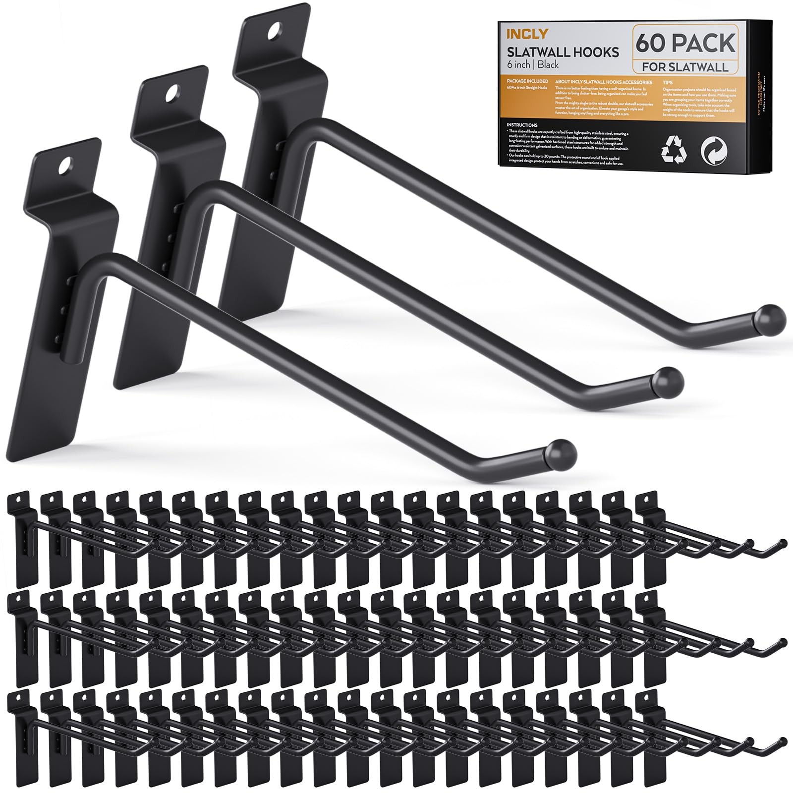 INCLY 60 Pack Slatwall Hooks, 6 Inch Heavy Duty Black Slat Wall Hanging Hook ...