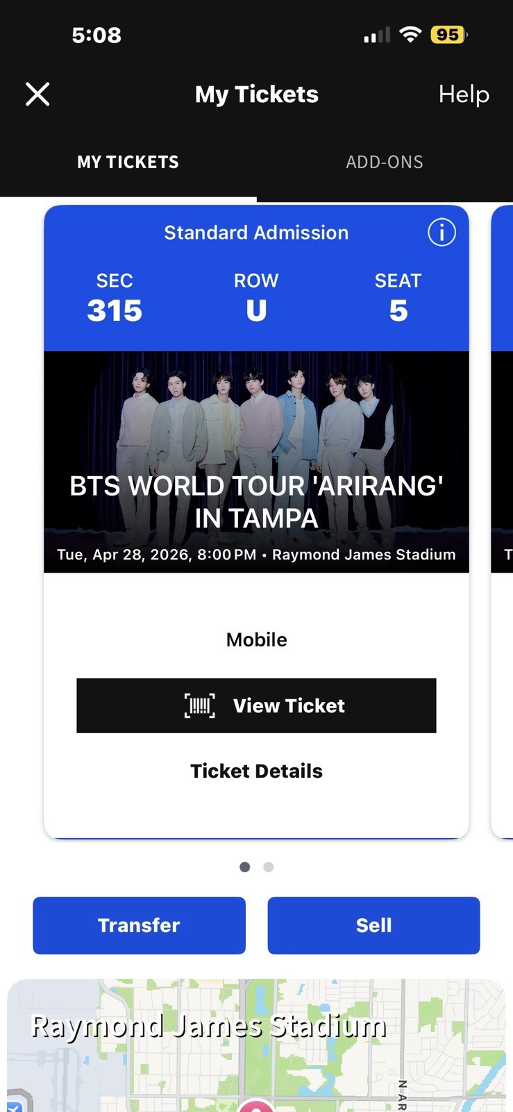 BTS 'ARIRANG' Tampa Tickets Sec 315 Row U Seats 5&6 Raymond James Apr 28 2026
