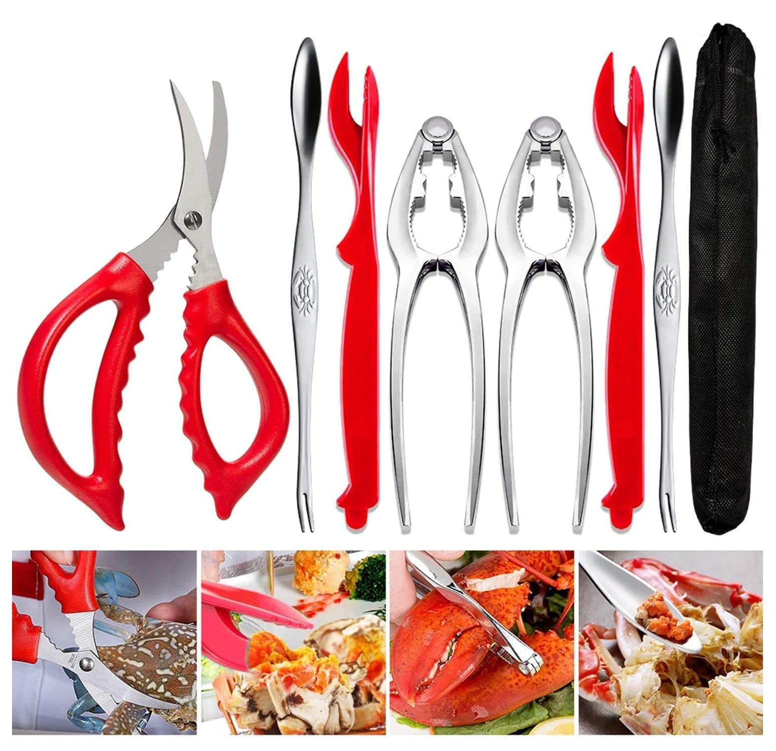 Crab Leg Crackers and Tools - Lobster Picks 7 Pcs, Red/Silver 