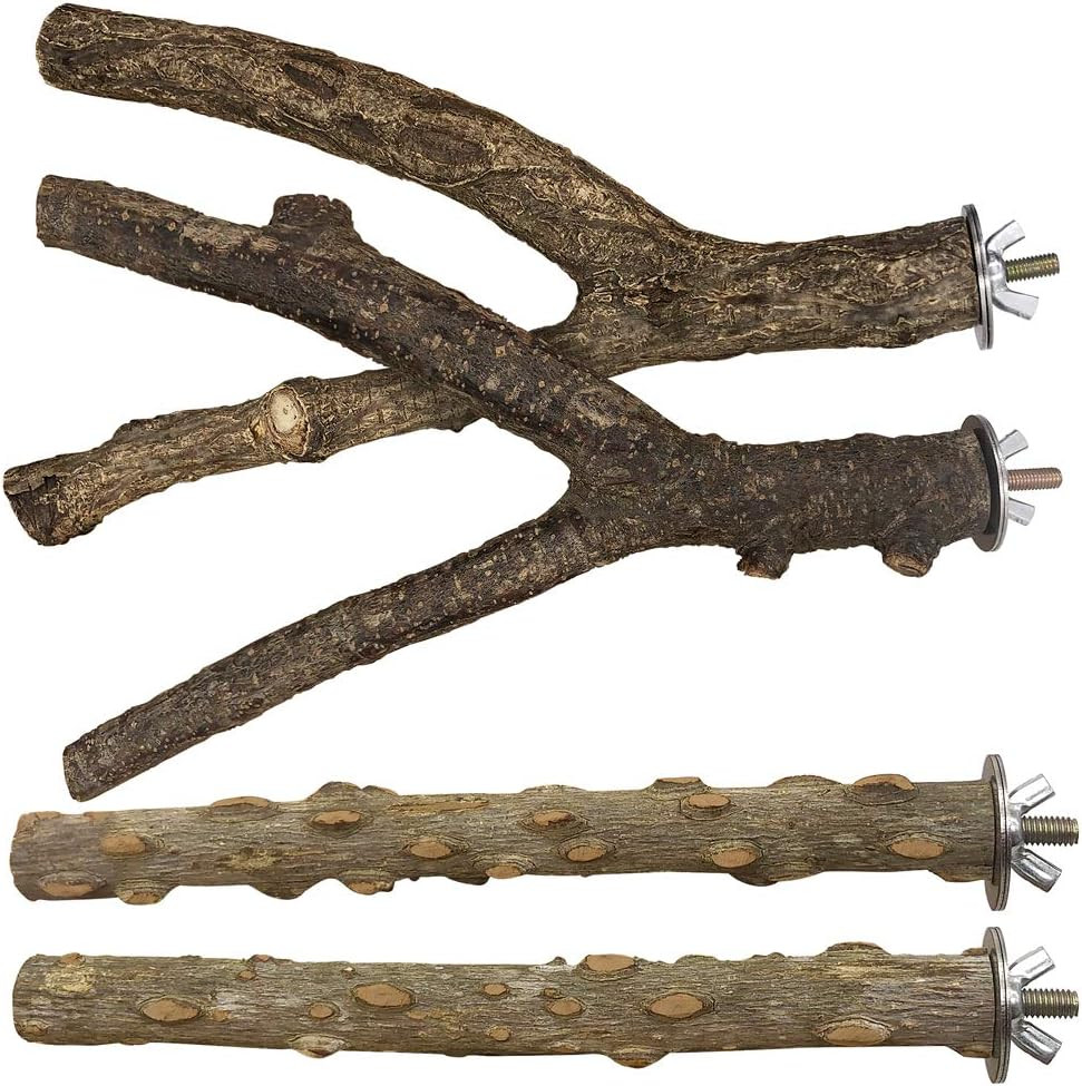 Bird Perch 4 PCS Natural Wood Stand Parakeet Toys Bird Cage Accessories for Parr