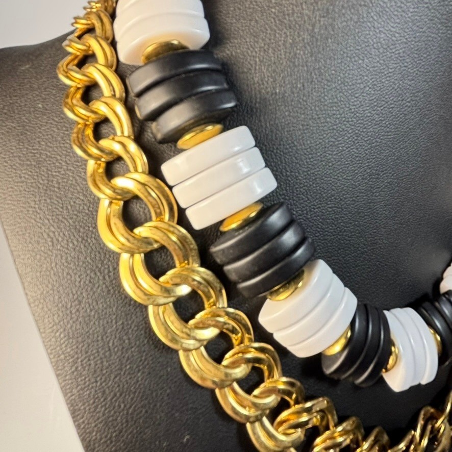 Statement Necklace Lot Black White Gold Chunky Curb Chain 18 in Vintage