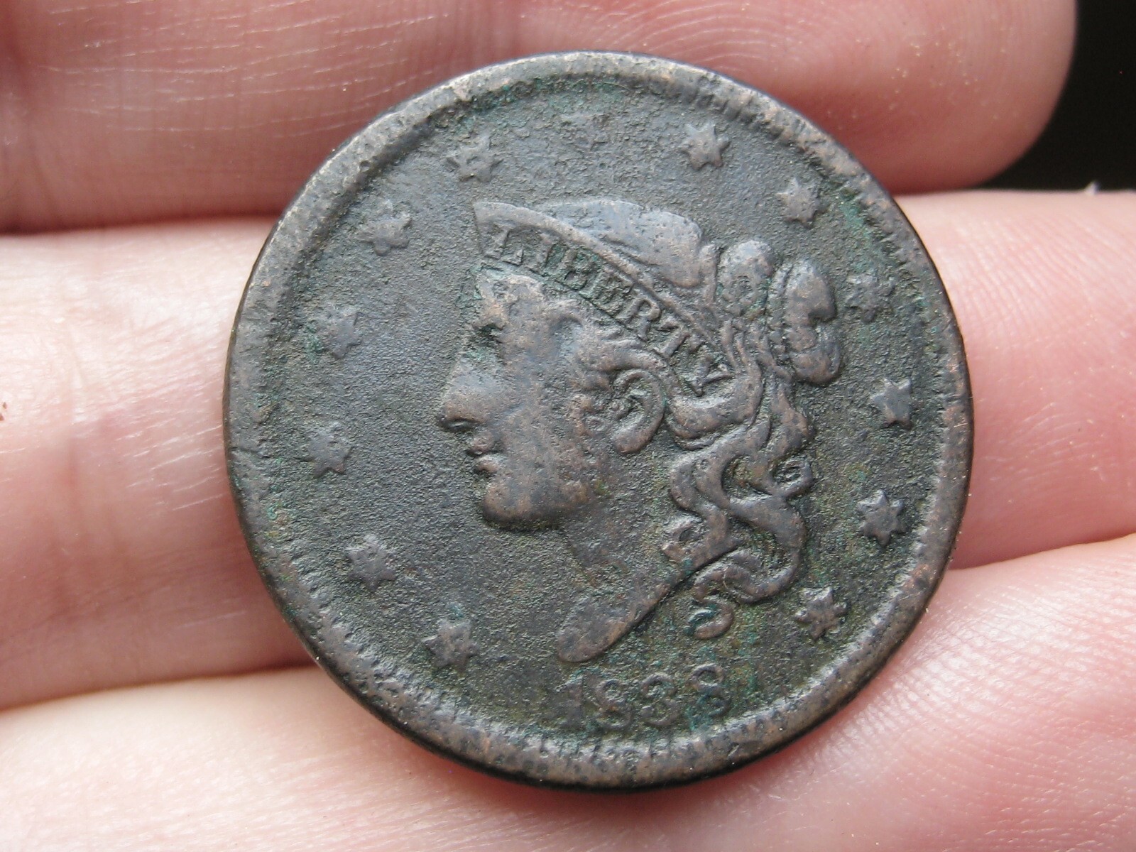 1838 Matron Head Large Cent Penny- Fine/VF Details, Chocolate Brown