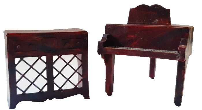 Vintage Doll House Hard Plastic Grand Piano and Cabinet