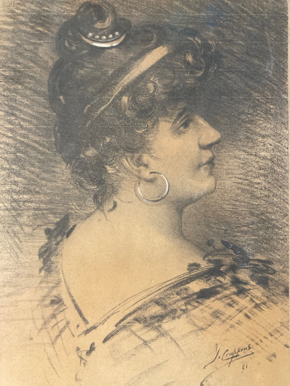 ￼très Beau Dessin Portrait Femme Boucle D Oreilles XIXe 1891 A Identifier