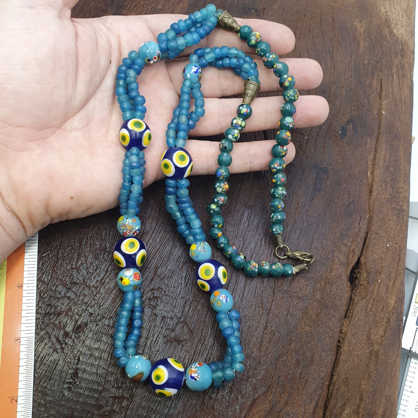 Blue Evil Eye Necklace African Trade Glass Beads Mosaic Millefiori Statement