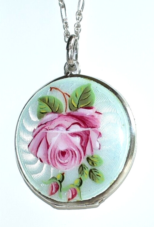 BEAUTIFUL Blue & PINK ROSE Antique STERLING ENAMEL GUILLOCHE Locket Necklace
