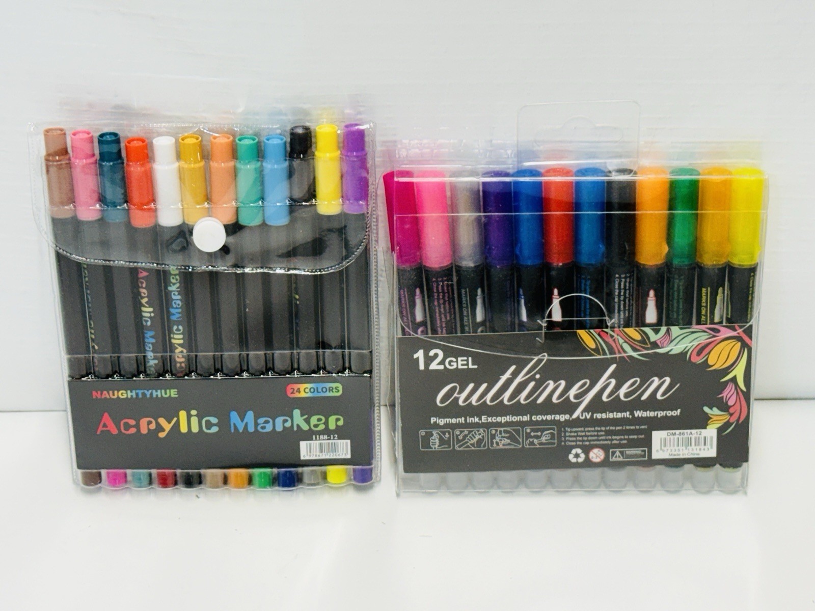 Naughtyhue Acrylic Markers 12 Markers 24 Colors & 12 Outline Gel Pens Art Crafts
