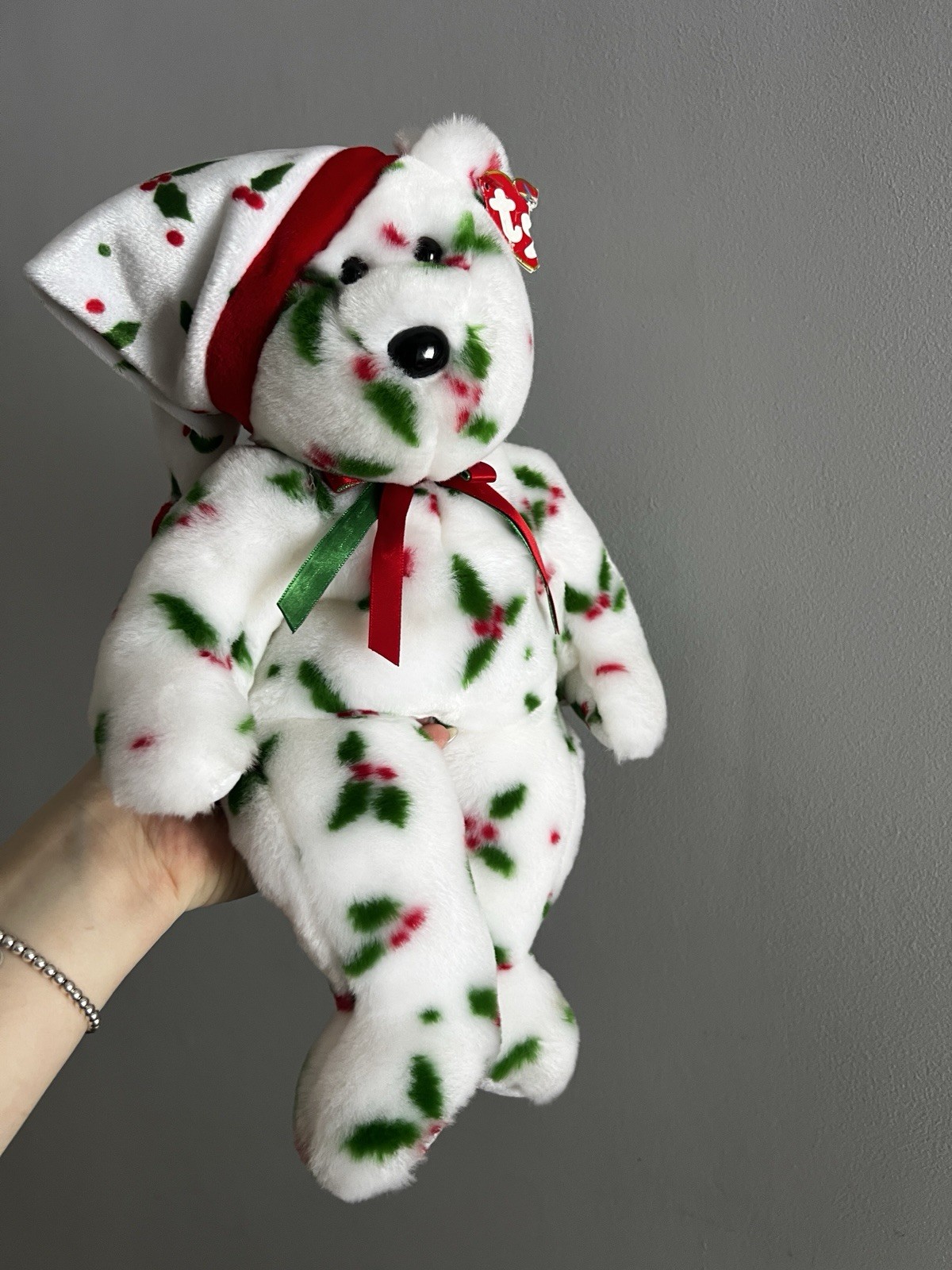 Ty Beanie Buddy HOLIDAY TEDDY Christmas White Bear Santa Hat Mistletoe 15" Plush