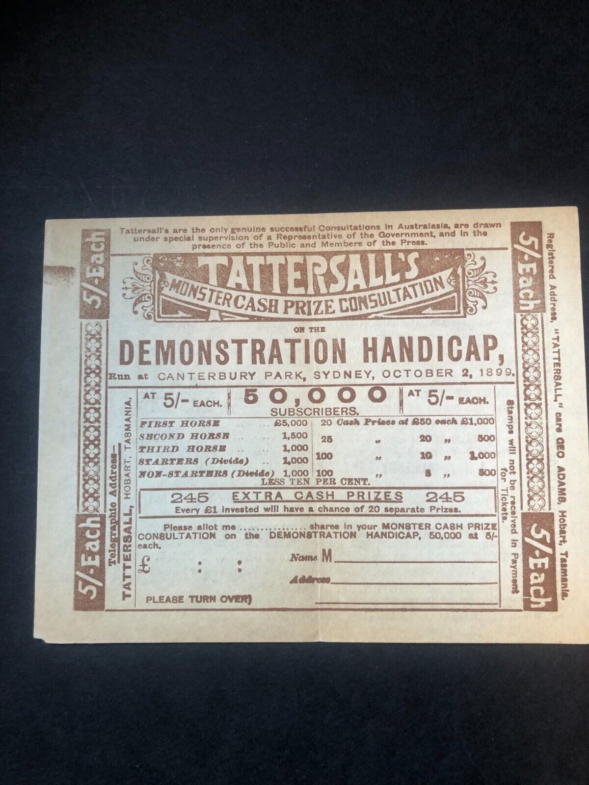 Australia | 1899 | Lottery Ticket | 5/- | Very Good Piece