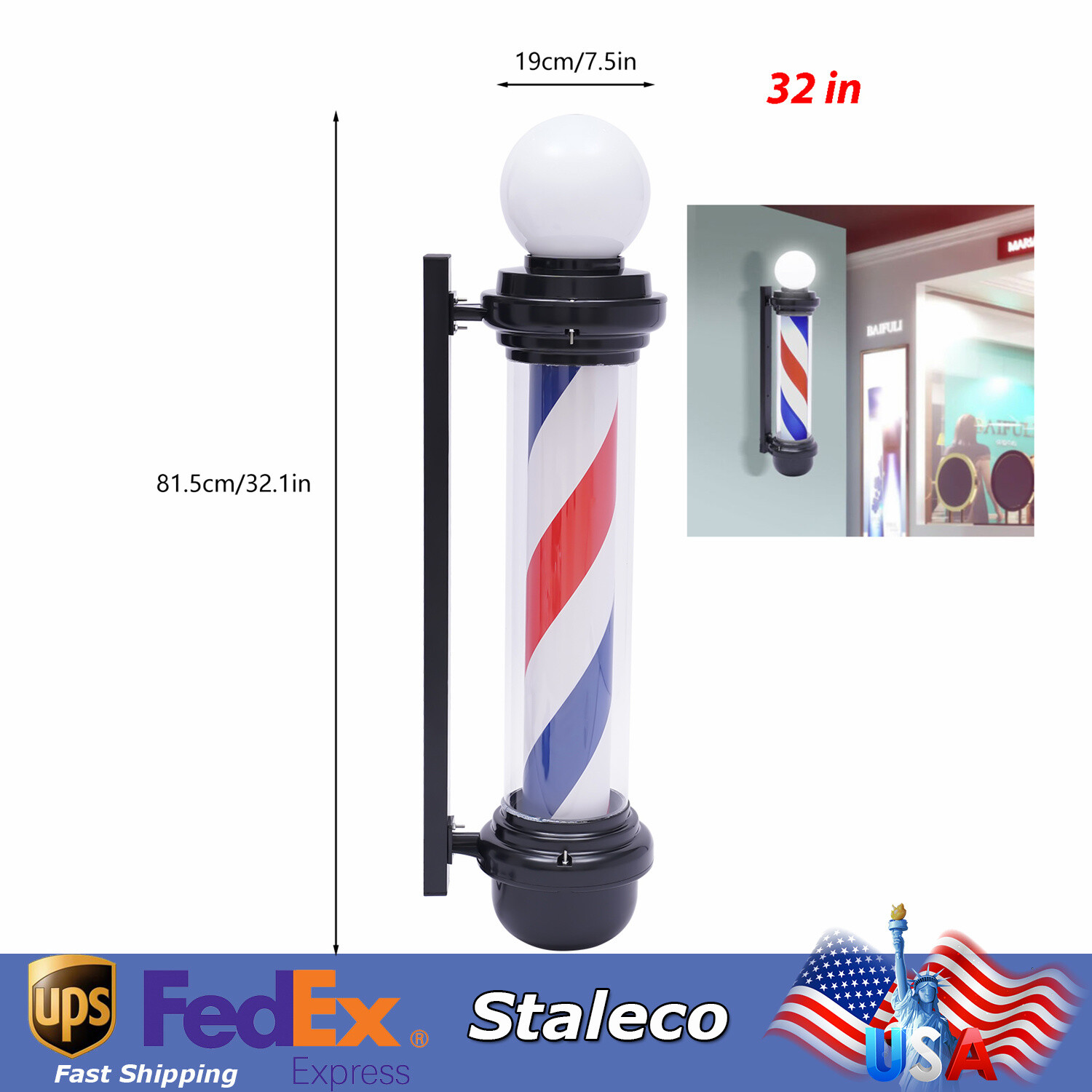 32" Barber Pole LED Light Red White Blue Rotating Stripes Hair Salon Shop Sign