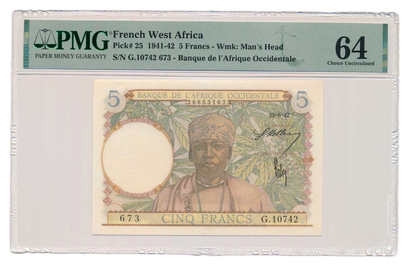 FRENCH WEST AFRICA banknote 5 Francs 15.6.1942 PMG MS 64 Choice Uncirculated