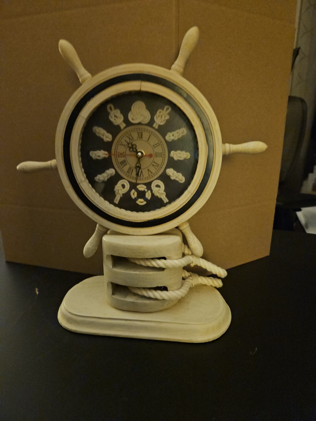 Nautical Ship Wheel Pully Steering Wheel Decor Clock 13" Tall 