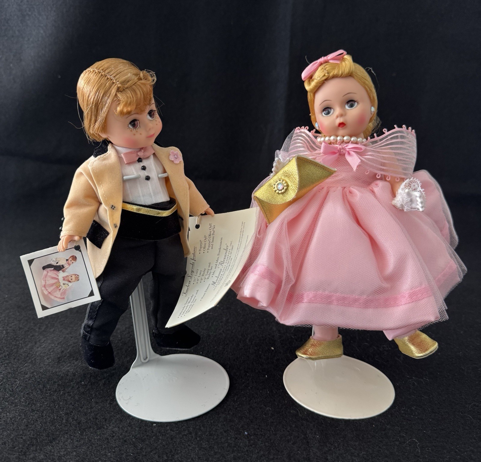 Vintage Madame Alexand Doll Couple Boy Tuxedo & Girl Pink Dress Purse Tags Stand