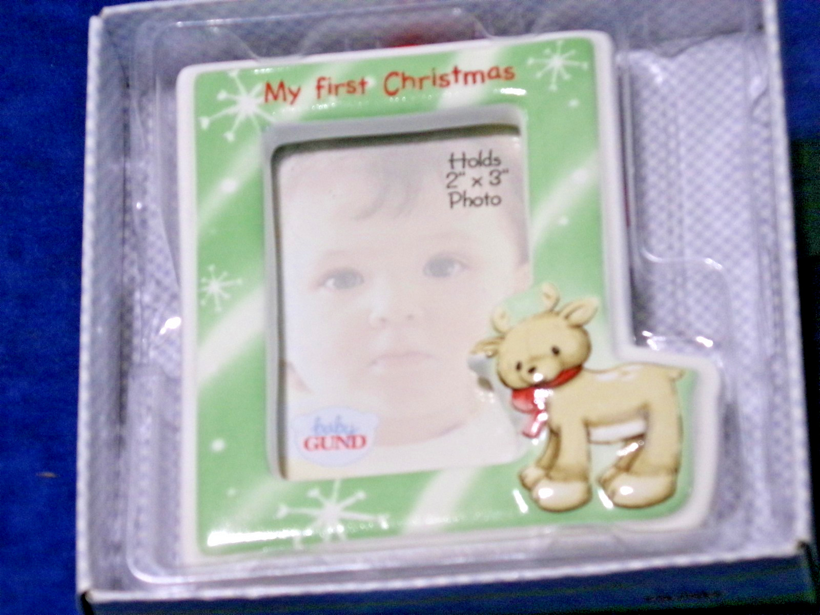 GUND My First Christmas Green 2x3 Photo Frame Ornament Baby Boy Deer Keepsake
