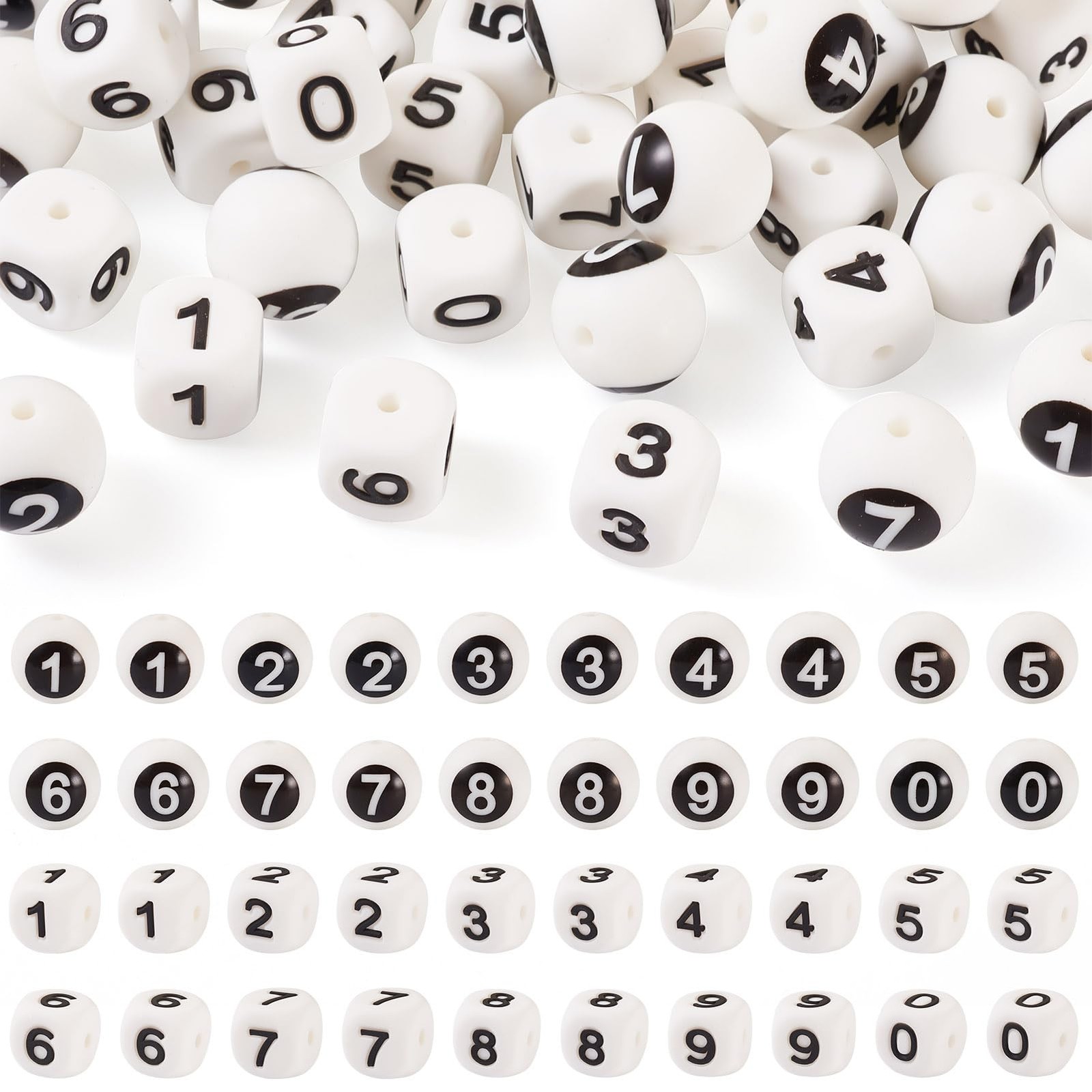 Boutigem 40Pcs 12mm White Number 0-9 Cube 12-15 mm, White-Cube Round 