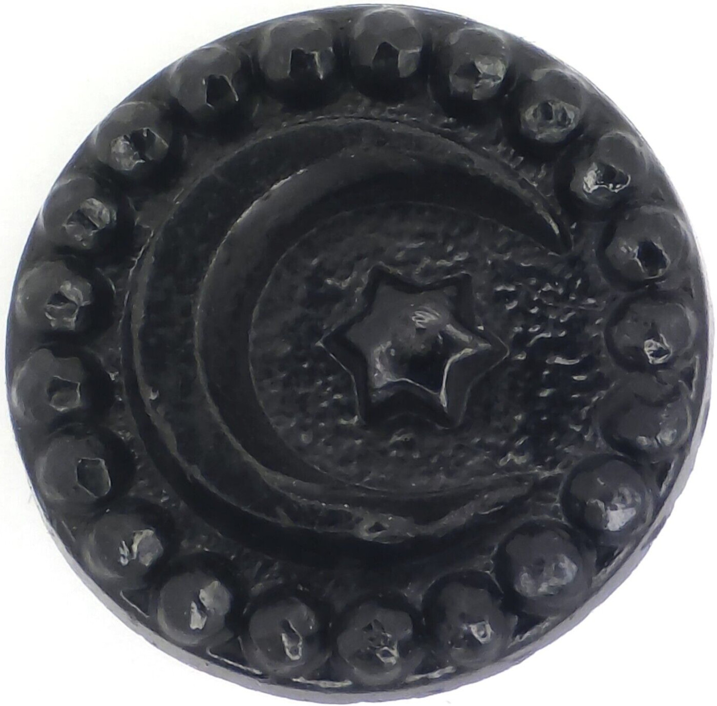 C1890s Antique Victorian Black Glass Crescent Moon Star Button Faux Cut Steel