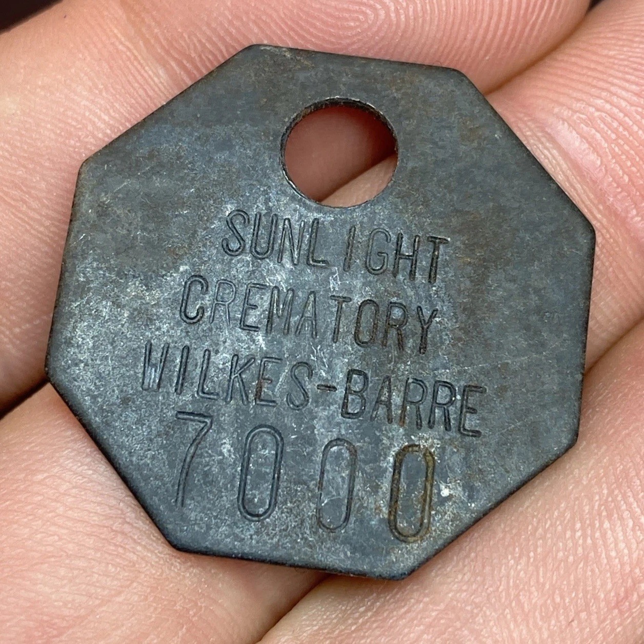 Antique Funeral Toe Tag SUNLIGHT Crematory WILKES BARRE PA ID Token Morgue Fob