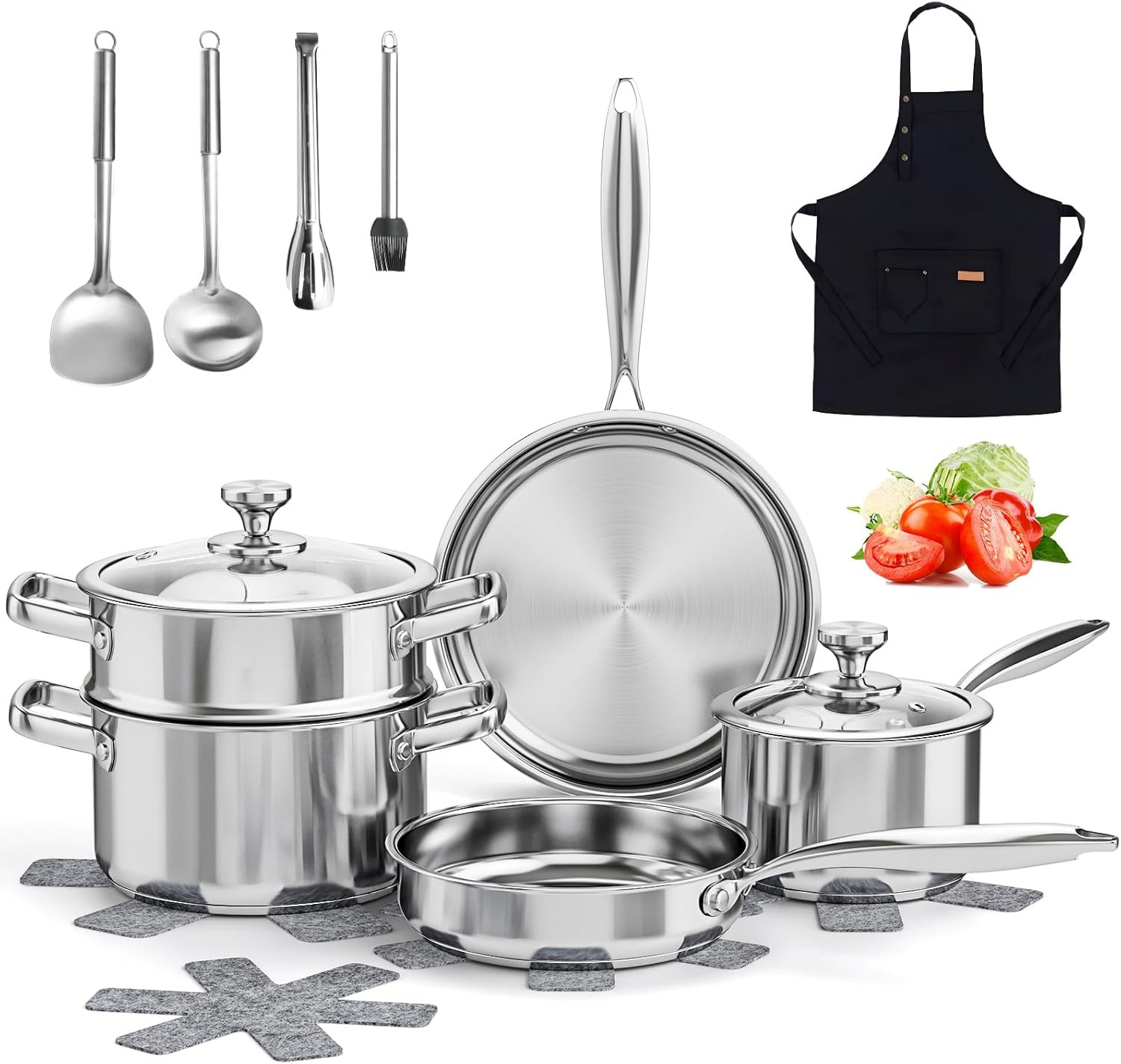 Stainless Steel Cookware Set, 16-Piece Pots and Pans Set Non Toxic, Kitchen Indu