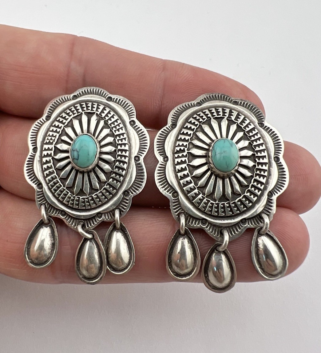 Vintage Navajo Sterling Silver Turquoise Deep Stamped Dangle Post Earrings 1.75"