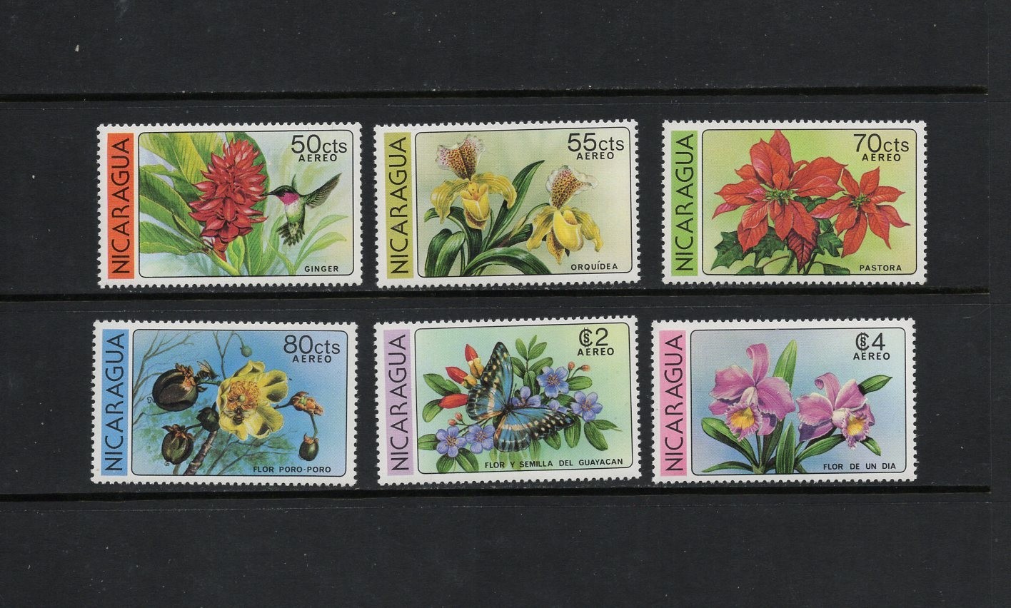 T0359   Nicaragua  1979   flowers,  birds,  butterflies   6v.   MNH