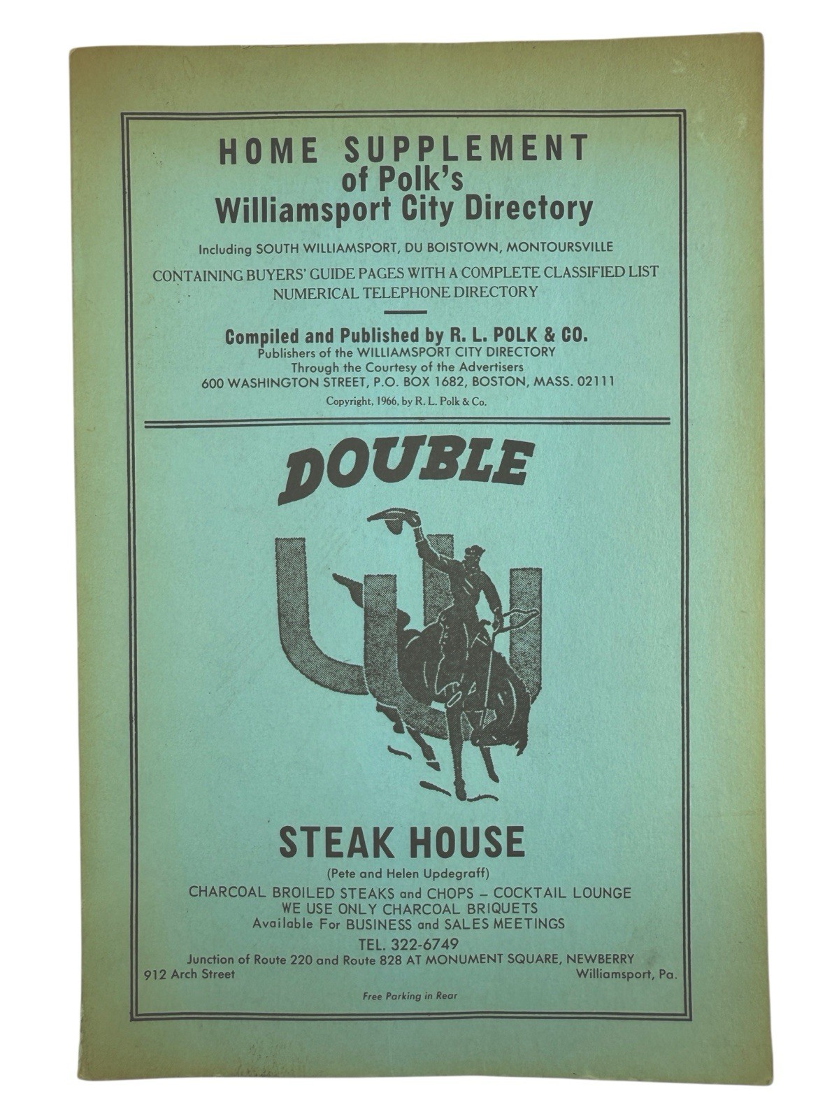1966 Williamsport PA Polk’s City Directory Phone Book Supplement Pennsylvania