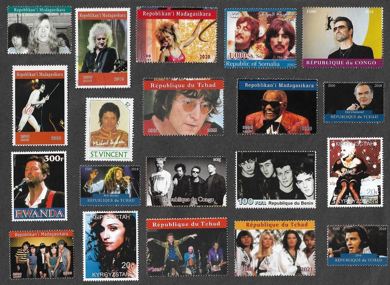 MUSIC POP ROCK STARS GROUPS SINGERS 20 ALL DIFFERENT STAMPS COLLECTION 7/3/26 A