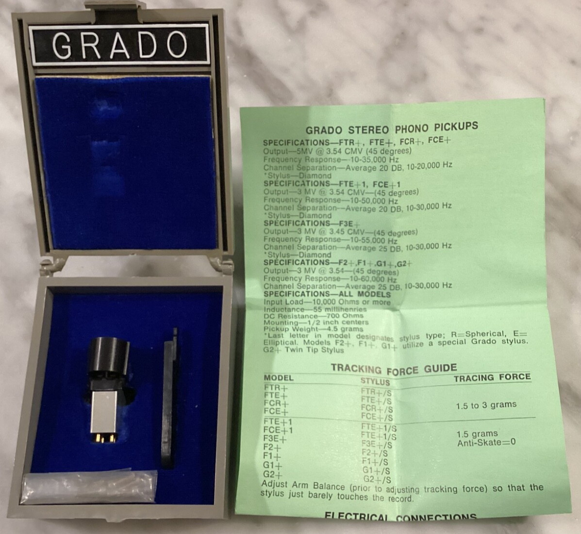 GRADO F-3+ CARTRIDGE AND GENUINE GRADO F-3+ STYLUS IN ITS PLASTIC DISPLAY CASE