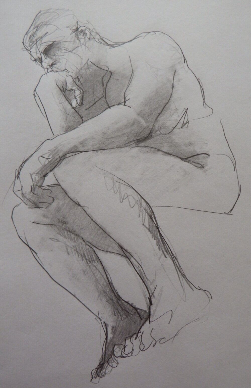 Pencil drawing Nude Thinker Auguste Rodin sculpture of a nude seated male