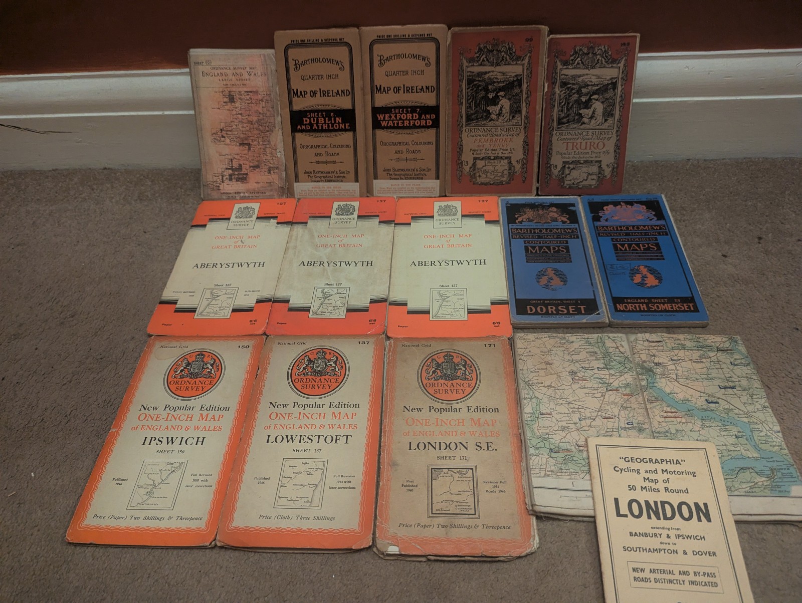 15x British Isles Ordance Survey Bartholomew Foldout Map 1910s-1960 Vintage Lot