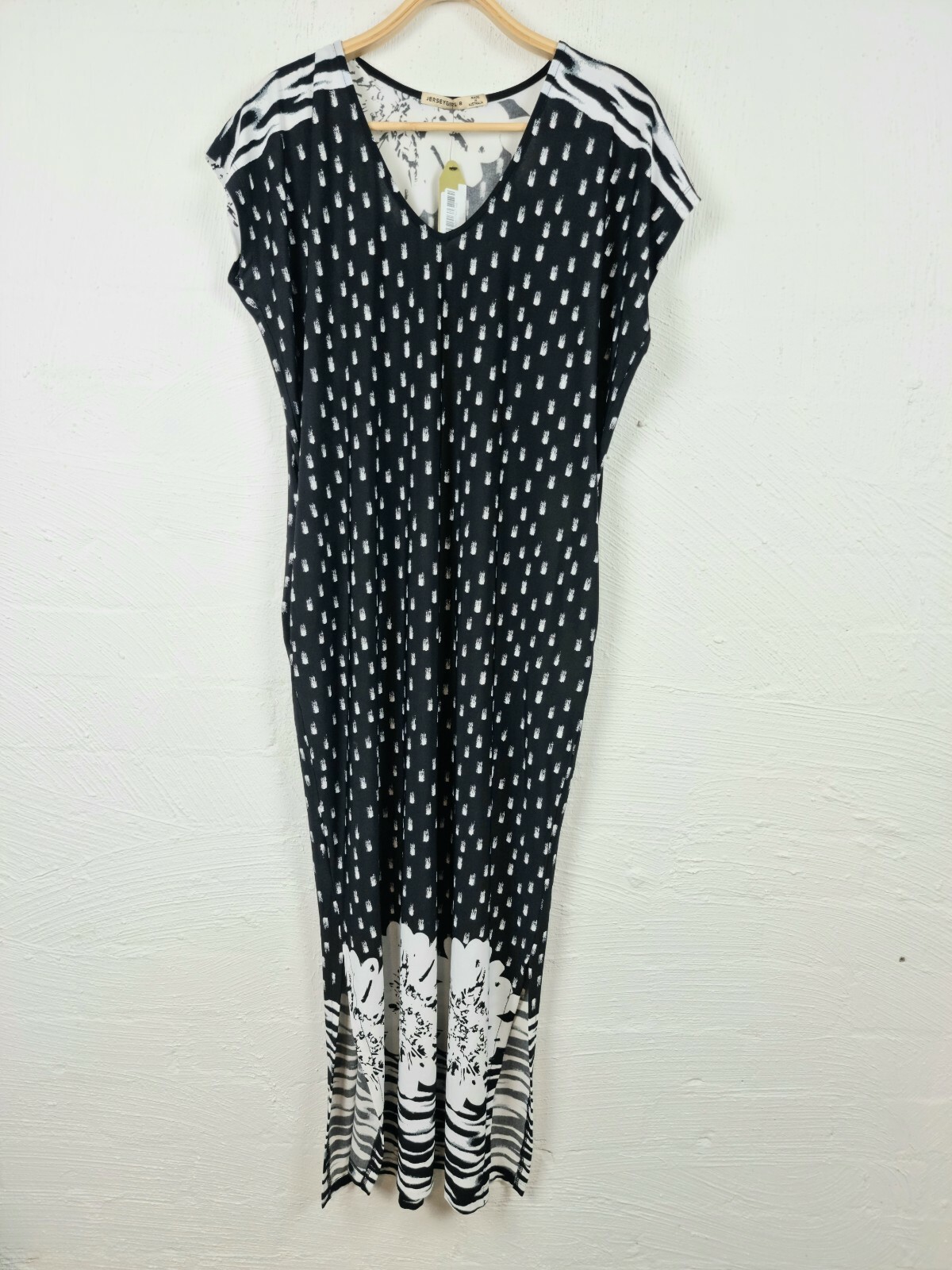 JERSEY GIRL Womens Midi Dress Size 8 Black/White Stretch Knit Short Sleeve BNWT
