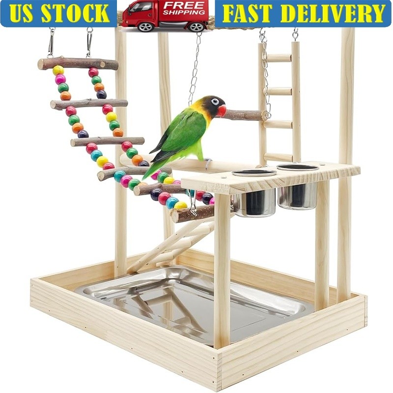 Wooden Bird Play Gym Stand Small Medium Parrots Exercise Sturdy Climbing Toys US