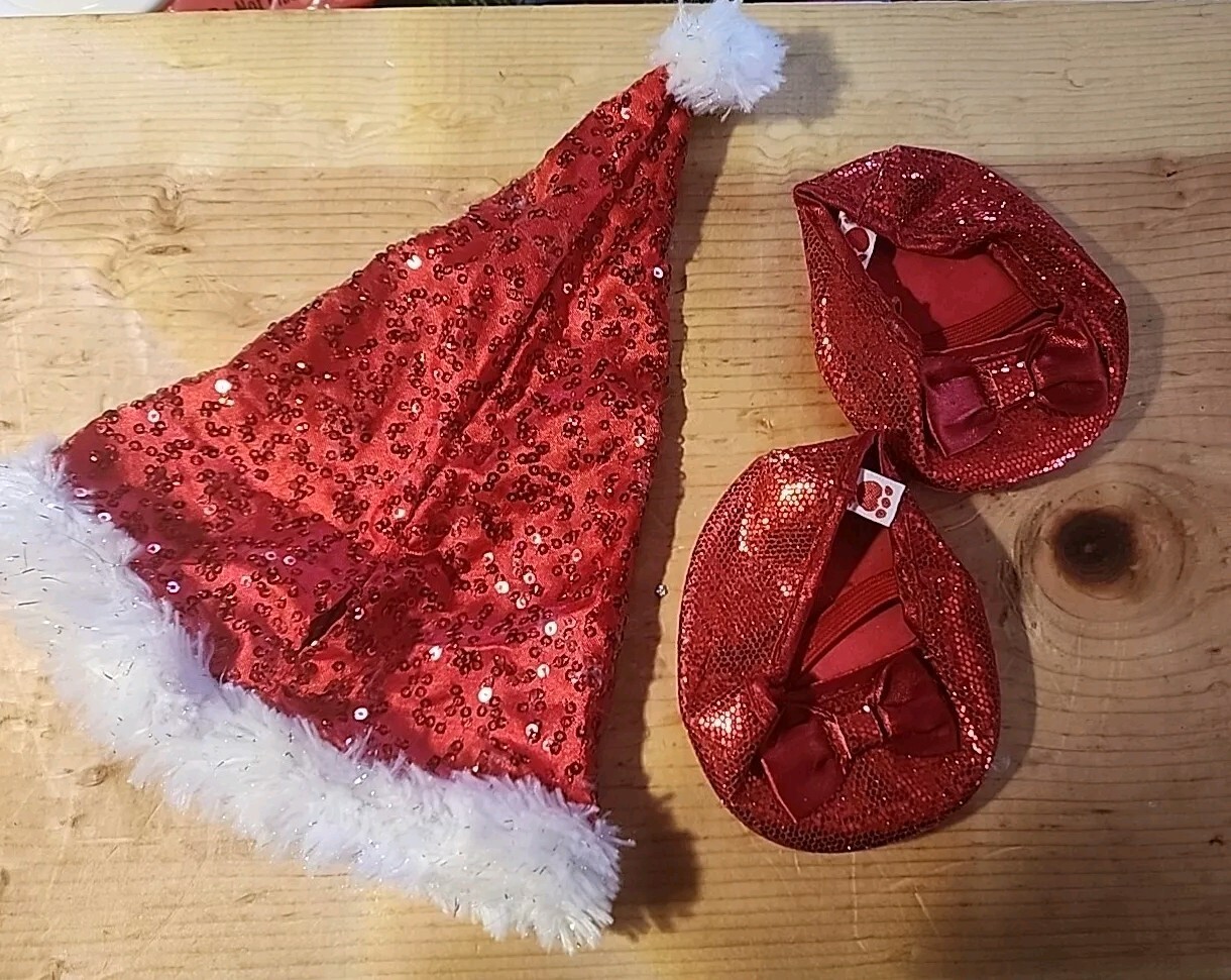 Build A Bear Christmas Accessory Lot Sequin Santa Hat and Shoe BAB Plush