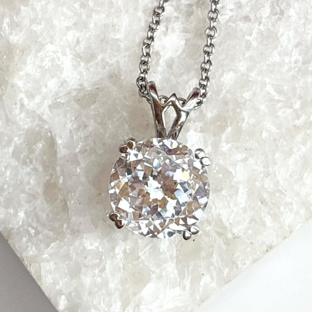 Minimalist Jumbo Cubic Zirconia Ornate Sterling Silver Vintage Pendant Necklace