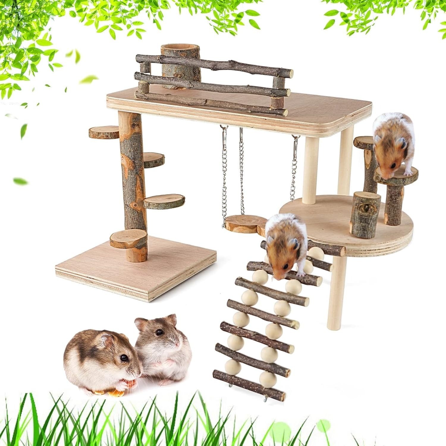 Wooden Hamster Playground Platform - Natural Climb System with Ramp & Ladder