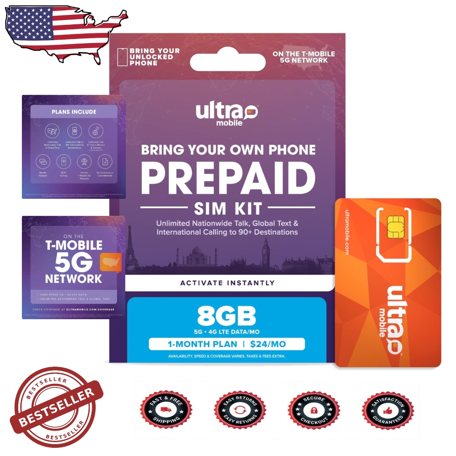 T-Mobile 1- SIM 8GB 5G Data Unlimited Talk Text Global Roaming