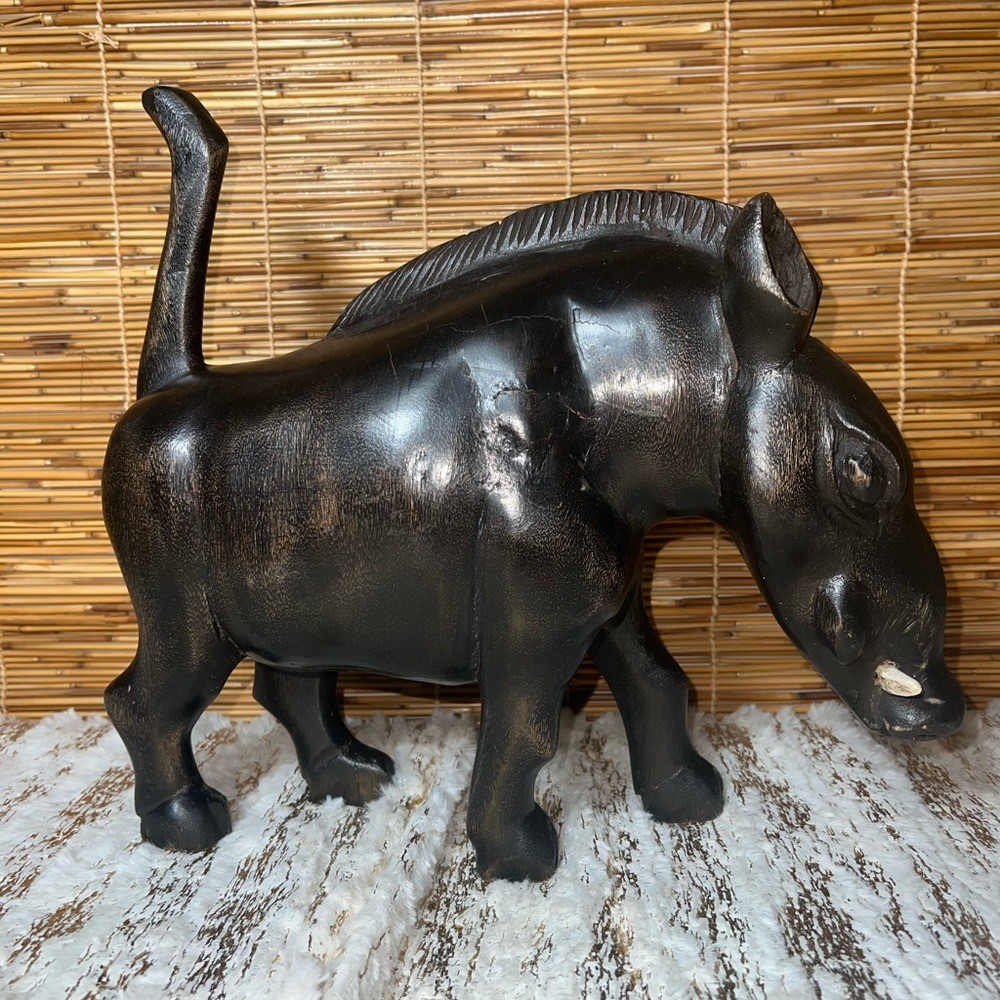 Hand-carved ebony wood boar sculpture