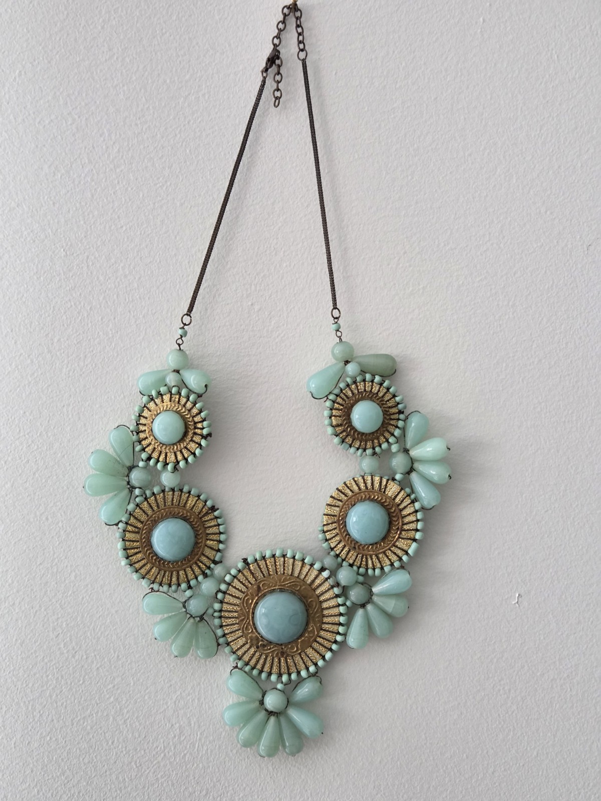 Vintage Necklace 32” Gold Tone Long Bib Style Mint Turquoise Ceramic Stone