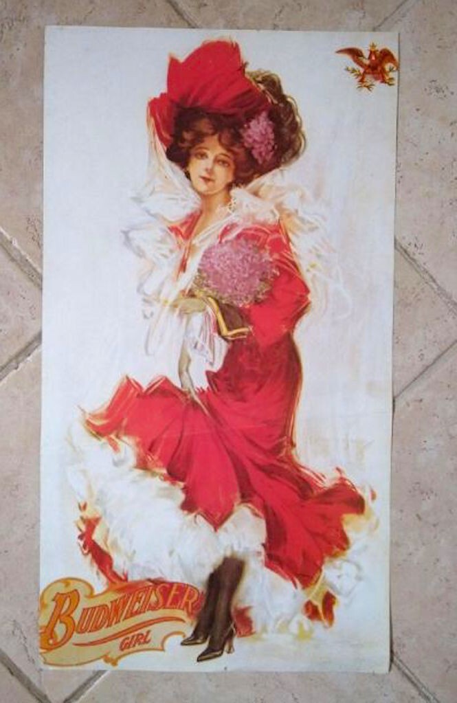 Vintage BUDWEISER GIRL Poster Beer Liquor Store Ad 27" x 15" Card Stock 1960s