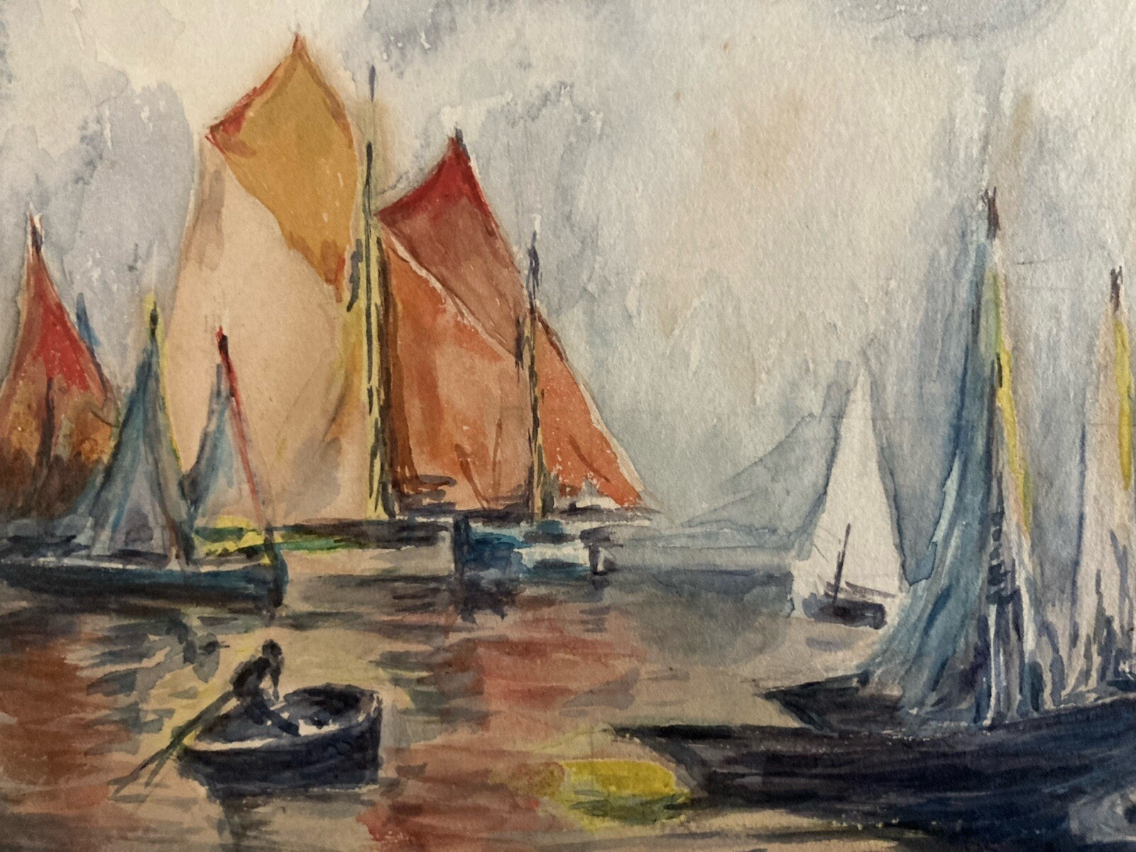 Very Beautiful Painting 1950 Paper Gouache Boat The Sea Marine To Identify