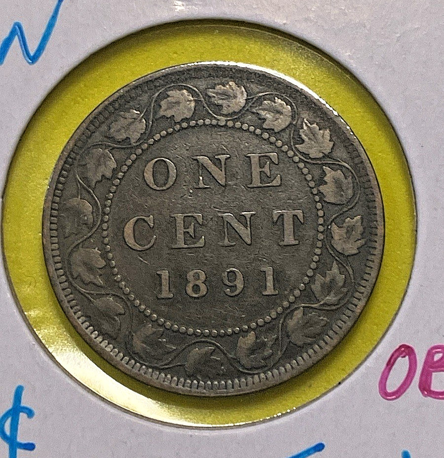 1891 Canada One Cent - Large 1 Penny - F 15 - Queen Victoria - Bronze