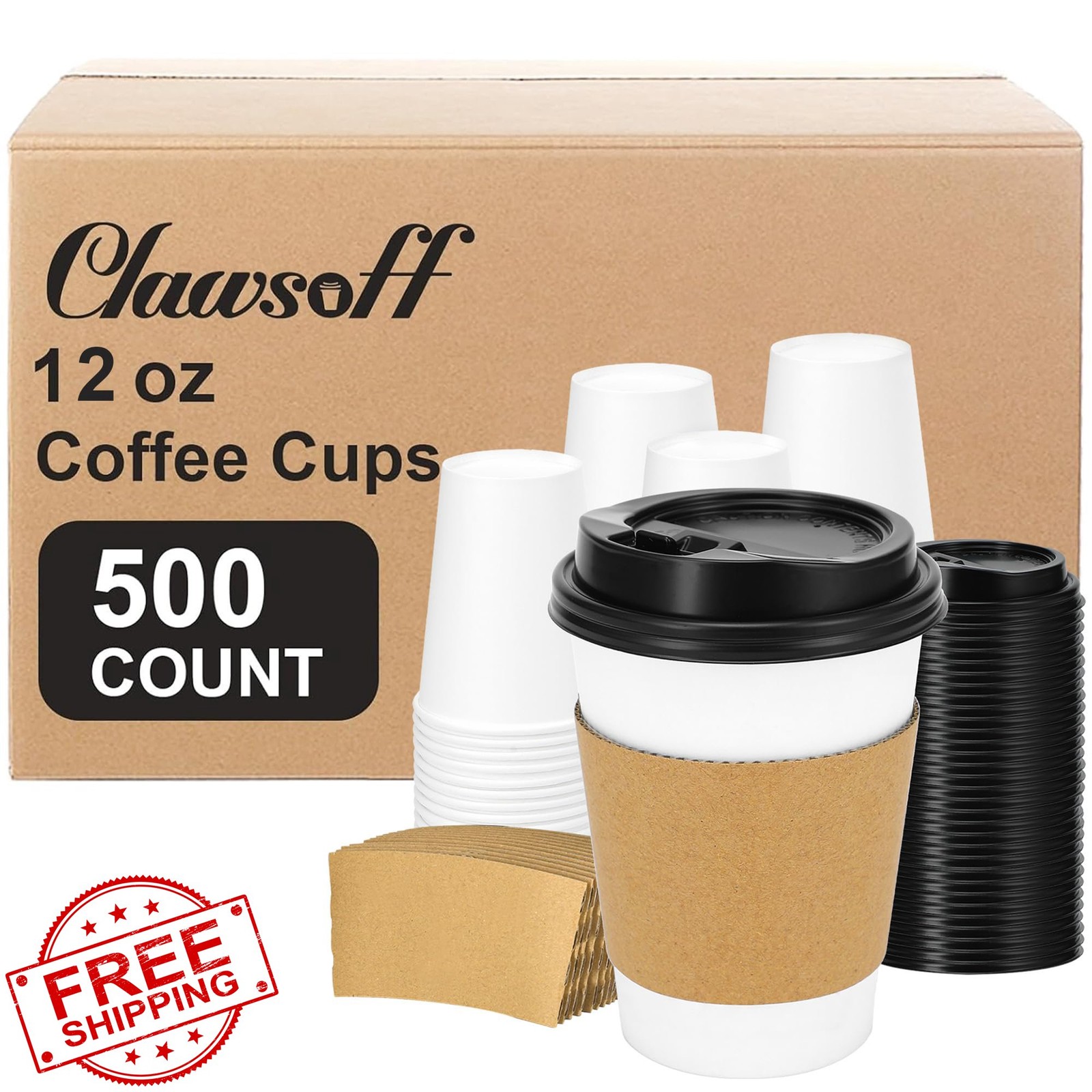 Clawsoff 12 oz Coffee Cups with Lids Sleeves, 500 Pcs White Disposable