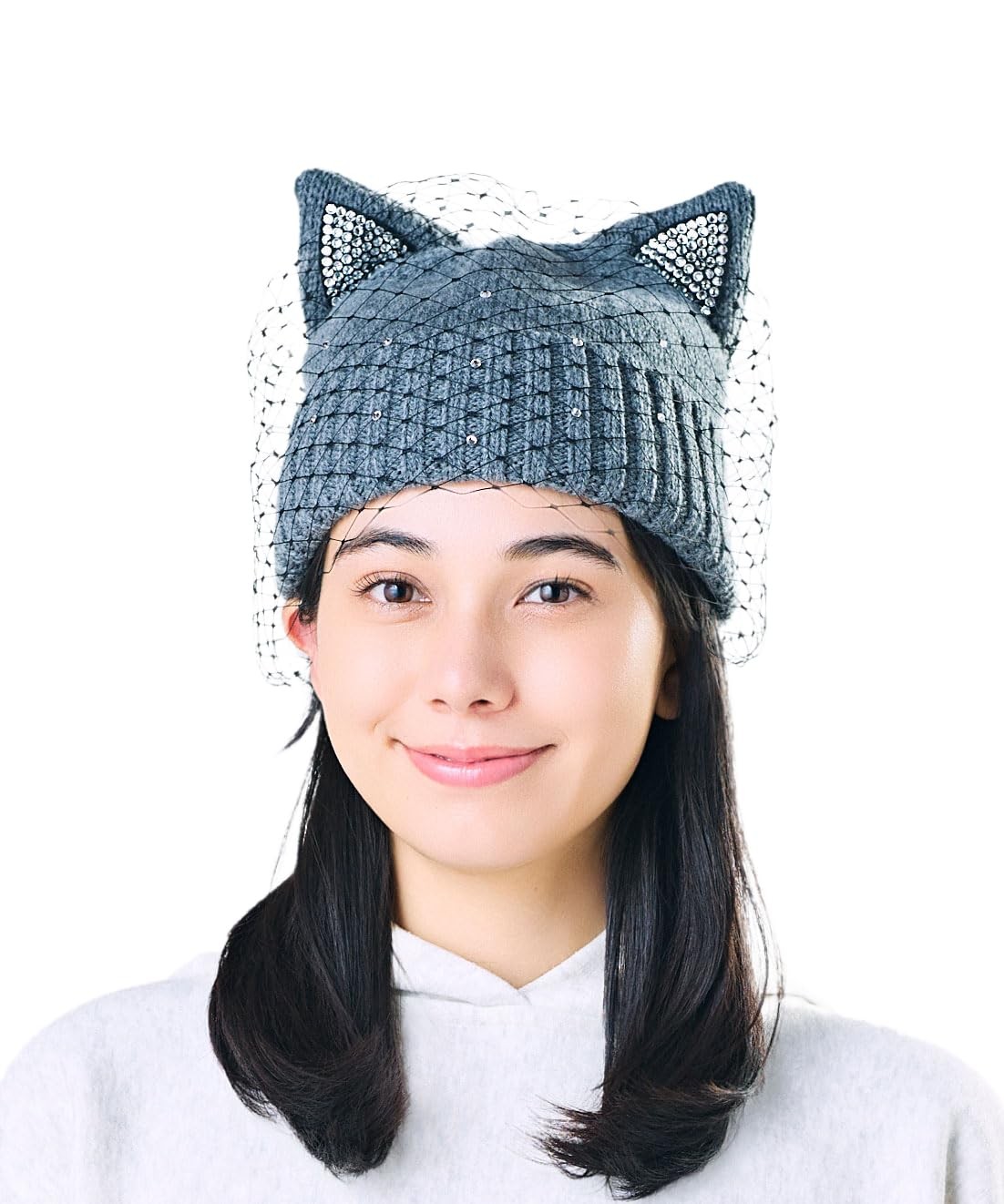Cat Ear Motif Knit Beanie Fold-over Style Gray Japan