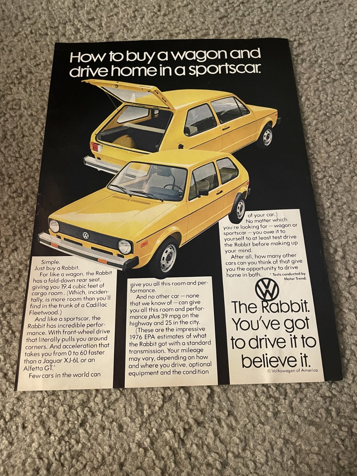 Vintage 1976 VOLKSWAGEN RABBIT Car Print Ad 1970s YELLOW WAGON SPORTSCAR
