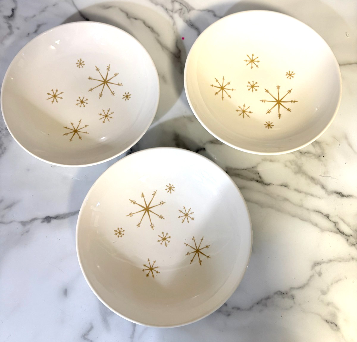 Vintage 1950s Royal China STAR GLOW 7.75 inch 3 Salad Bowls MCM Atomic Starburst