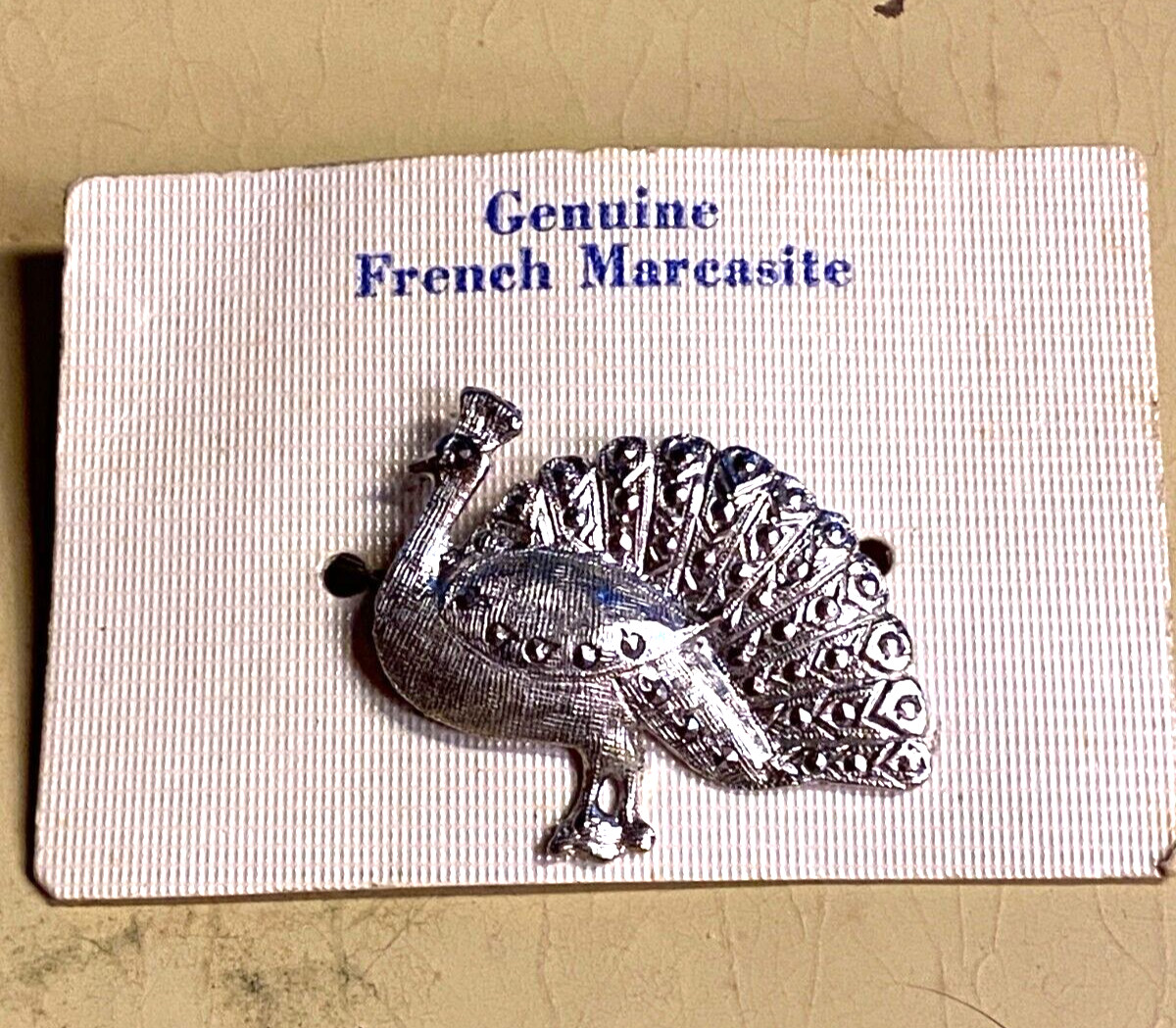 Vintage French Marcasite Silver tone Peacock Pin Brooch 2" NOS
